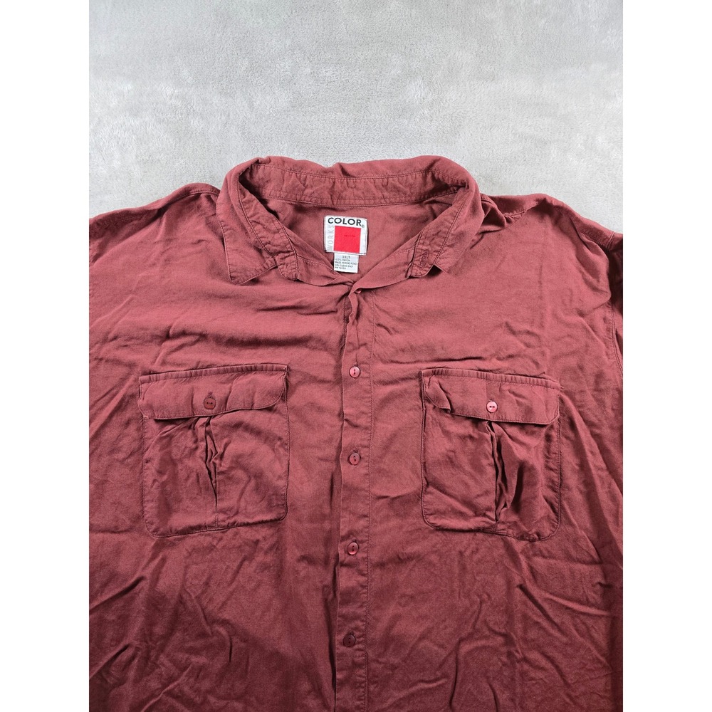 Vtg Color Works Shirt 3XLT Mens Red Button Up Long Sleeve Rayon Camp *Read